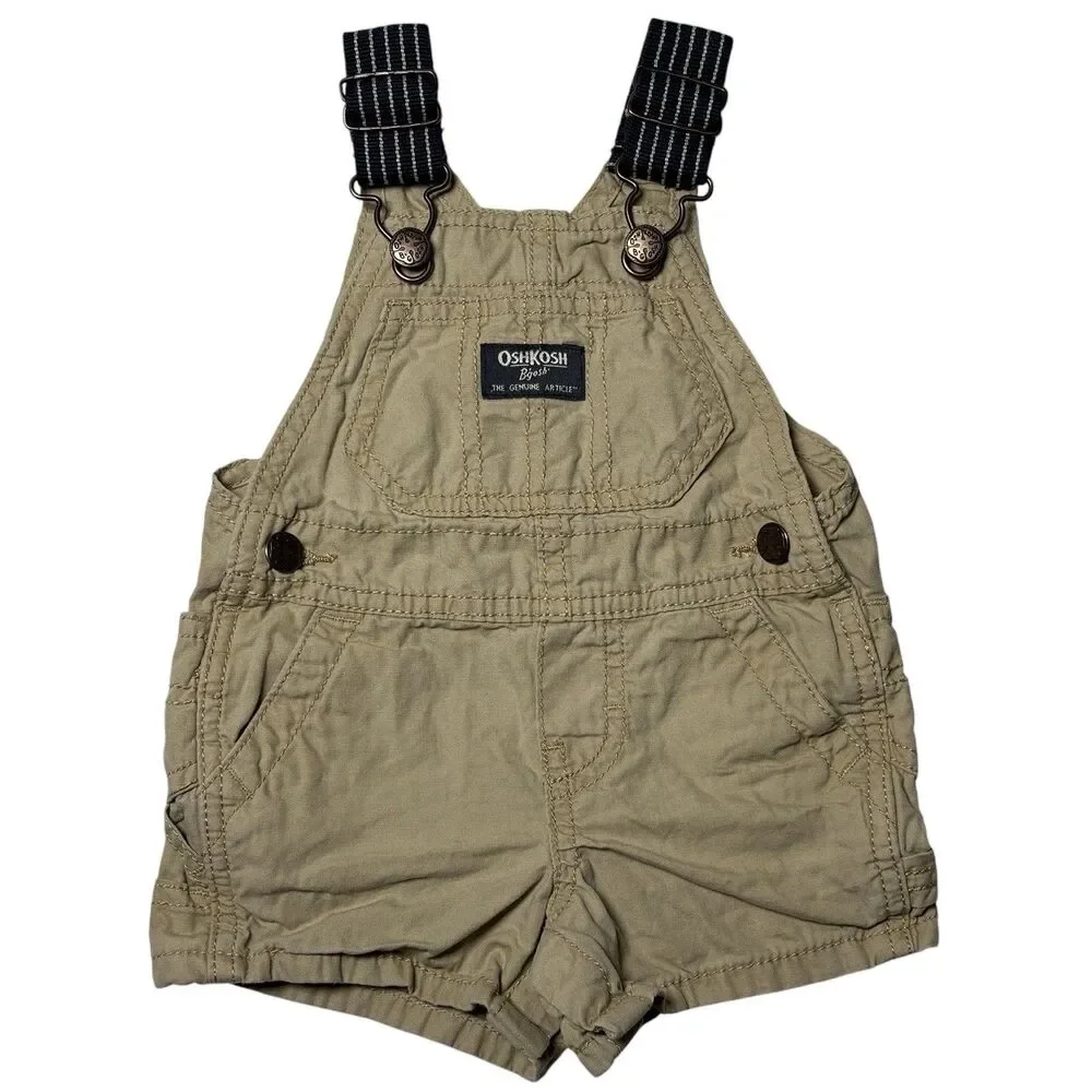 OshKosh B’gosh Boys 3M Khaki Shortall Overalls Tan Cotton Adjustable Straps